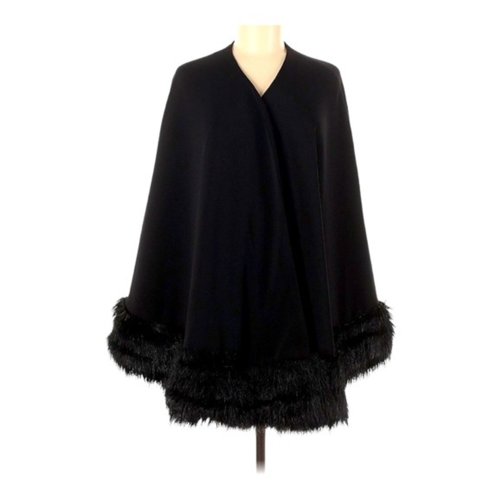Tahari by Arthur S. Levine Black Faux Fur Trim Cape Wrap – One Size